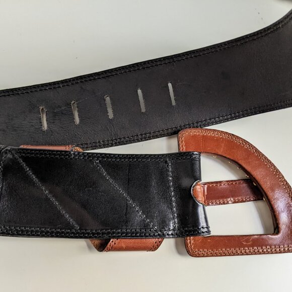 LYNN LERNER Vintage Wide Black Leather Belt with Gold Mini Metal Studs Italy main image 5